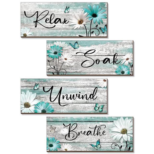 Sunnyray 4 Pcs Farmhouse Bathroom Wall Decor Sign Daisy Floral Flowers and Butterfly Bathroom Wall Art Relax Soak Unwind Breathe Rustic Wood Plaque for Home Spa Laundry (Turquoise,10 x 4 Inch)