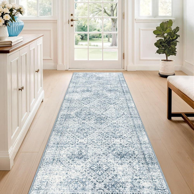 MIULEE 2.6x8 Washable Hallway Runner Rug, Vintage Long Rug for Hallway Kitchen Bedroom Laundry Room Bathroom Rug, Non-Slip Stain Resistant Soft Throw Carpet Floor Mat, Blue
