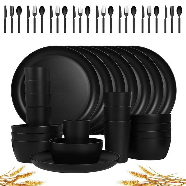 afcevnlb 48-Piece Plastic Wheat Straw Dinnerware Sets Plates and Bowls Sets for 8 Lightweight Bowls Unbreakable Dish Set Dishwasher Microwave Safe Suitable for Camping Party Grill（Black）