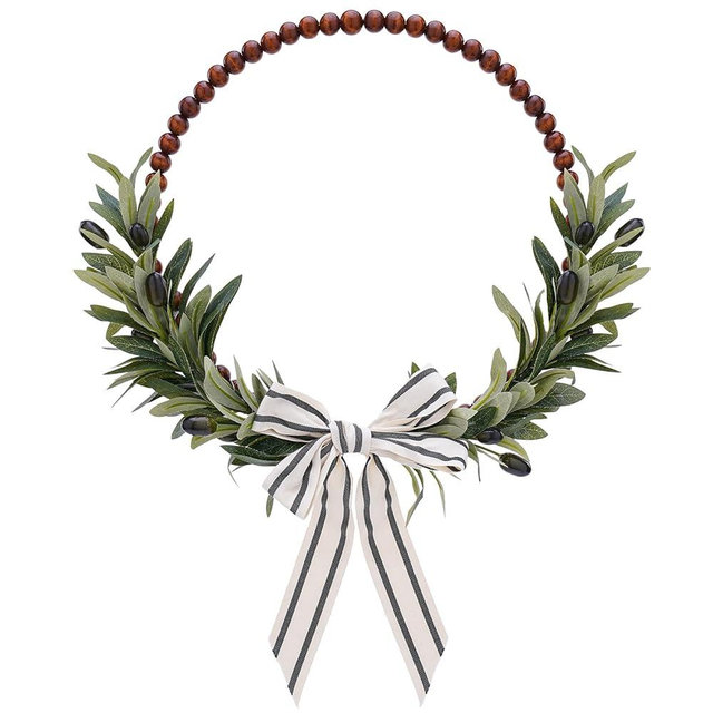 Wood Bead Olive Leaves Wreaths - 13 Inch Artificial Greenery Leaf Wreaths Farmhouse Rustic Boho Wall Hanging Decor for All Seasons for Natural Home Indoor Outdoor Bedroom Decoration