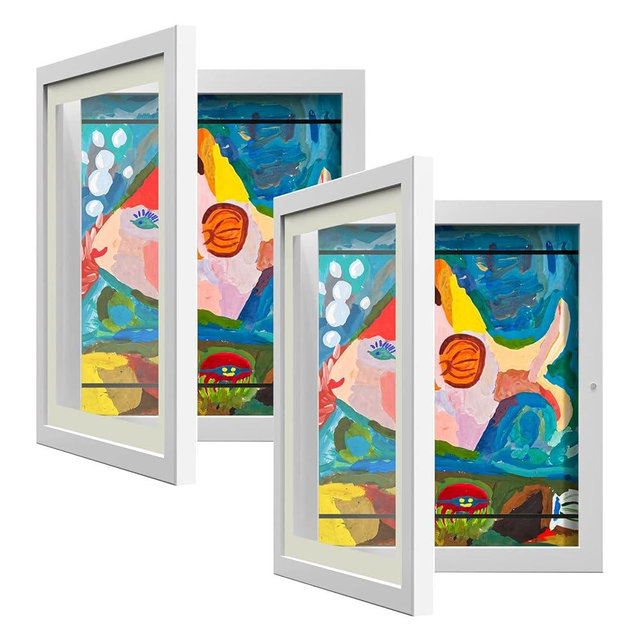 2 Pack Kids Art Frame - Kids Artwork Frames Changeable Display 8 x10.5 with Mat or 9 x12 Without Mat, Front Opening Artwork Display Storage Frames for Wall, Children Art Projects Frames (White)
