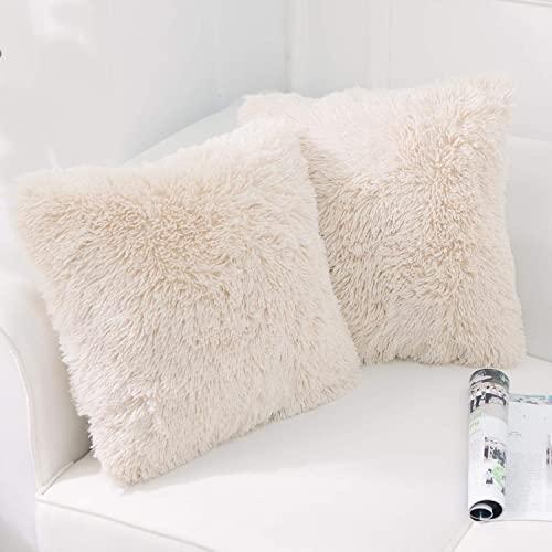 NordECO HOME Luxury Soft Faux Fur Fleece Cushion Cover Pillowcase Decorative Throw Pillows Covers, No Pillow Insert, 22" x 22" Inch, Beige, 2 Pack