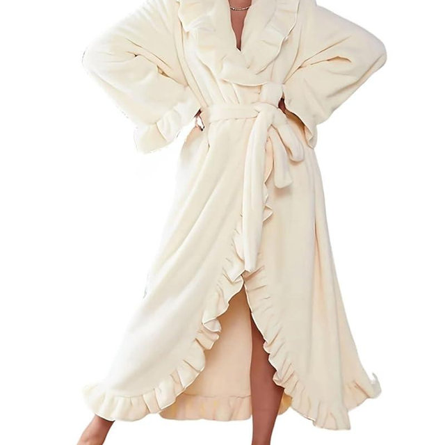 codcm Women's Flannel Robe Fuzzy Soft Ruffle Ankle Length Fleece Robes Fashion Long Sleeve Sleepwear with Side Pockets
