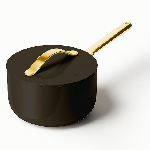 Caraway Nonstick Ceramic Sauce Pan with Lid (3 qt) - Non Toxic, PTFE & PFOA Free - Oven Safe & Compatible with All Stovetops (Gas, Electric & Induction) - Black