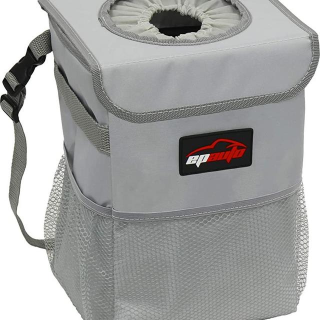 EPAuto Waterproof Car Trash Can with Lid and Storage Pockets, Grey
