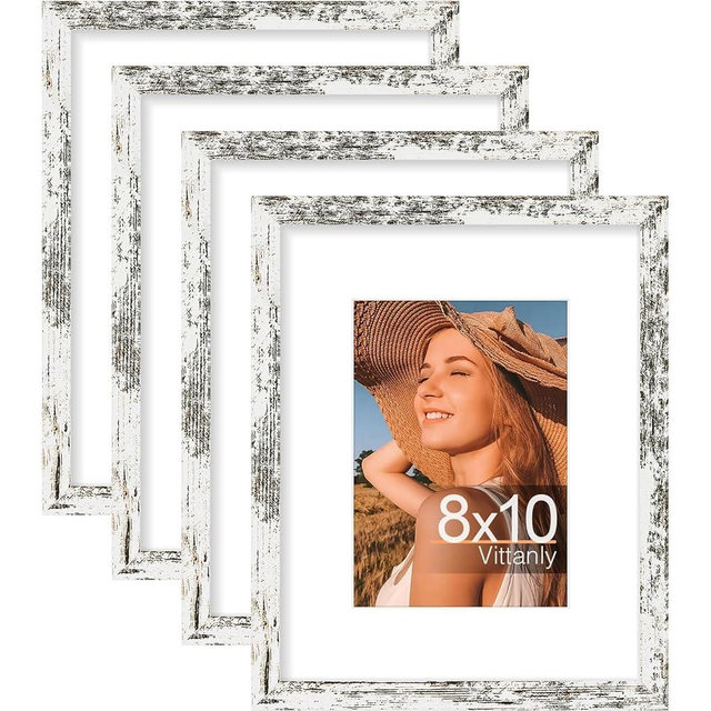 Vittanly 8x10 Picture Frame Set of 4, Display Pictures 5x7 with Mat or 8x10 without Mat, Photo Frames for Wall or Tabletop Display, Distressed White