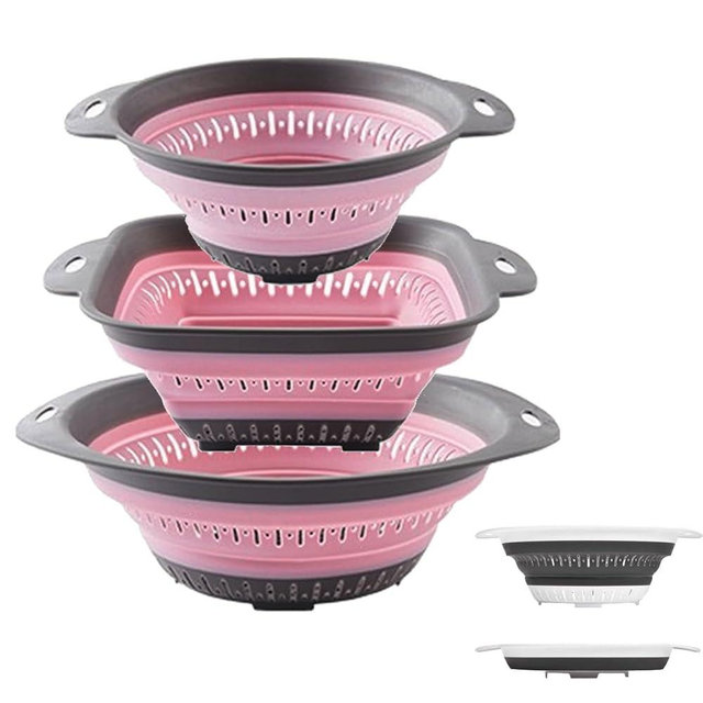 Collapsible Colander and Strainer,Silicone Strainer Colanders & Food Strainers,for Vegetable and Fruit, Kitchen Essentials (3, Pink, 1.3L+2.1L+2.5L)