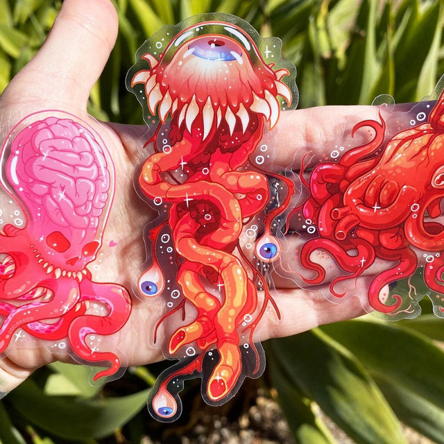 Horror Sea Creature Stickers: Jellyflesh, Heart Squid, Brain Octopus - Transparent