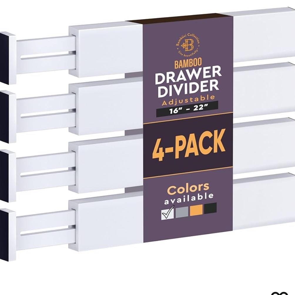 Bambüsi 4 Pack Drawer Dividers - 2.6" High, 16-22" Adjustable Bamboo Drawer Organizers for Clothes, Expandable Dresser Separators in Bedroom/Bathroom/Kitchen/Office Organization and Storage (White)