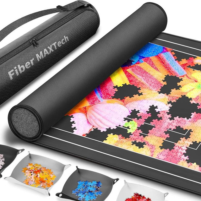 Join&Joy Jigsaw Puzzle Mat Roll Up, Rubber Saver Pad 46" x 26 ", with 4 Sorting Trays & Travel Storage Bag, Portable Rollup Puzzles Keeper, Up to 1500 Pieces