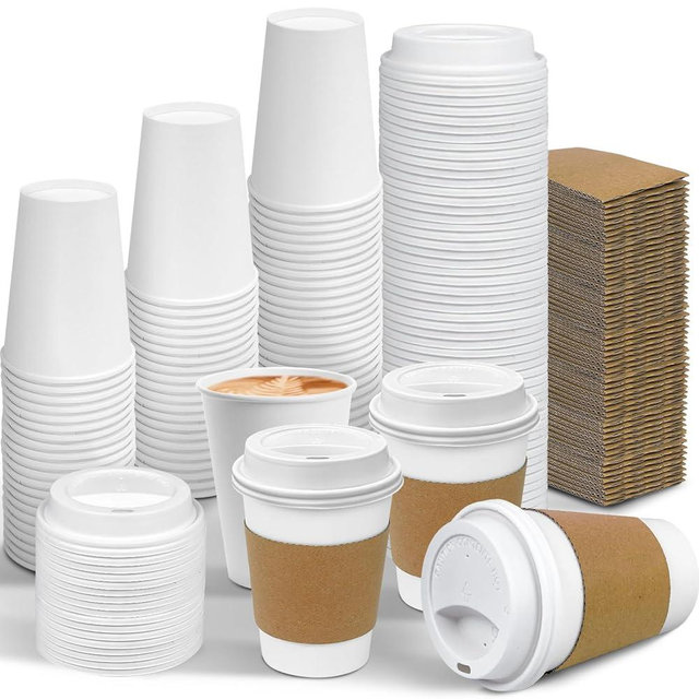 Ginkgo 100 Pack 12 oz Leak-Proof Coffee Cups with Lids and Sleeves Disposable To Go Hot Travel Paper Cups, Hot Chocolate, Cocoa, Tea, Coffee Bar Accessories