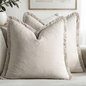 MIULEE Decorative Throw Pillow Covers Neutral Linen Fringe Throw Pillows Set of 2 Natural Beige Boho Farmhouse Cushion Covers with Tassels for Couch Sofa Bed Spring Home Decor 20x20 Inch