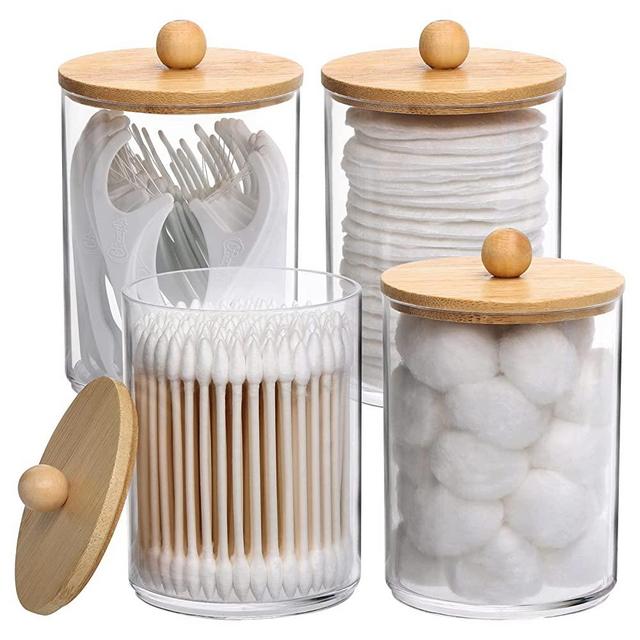 Tbestmax 4 Pack Qtip Holder, 10-Ounce Bathroom Storage Containers Clear Plastic Apothecary Jars with Bamboo Lids for Organizing Cotton Ball, Cotton Swab, Floss