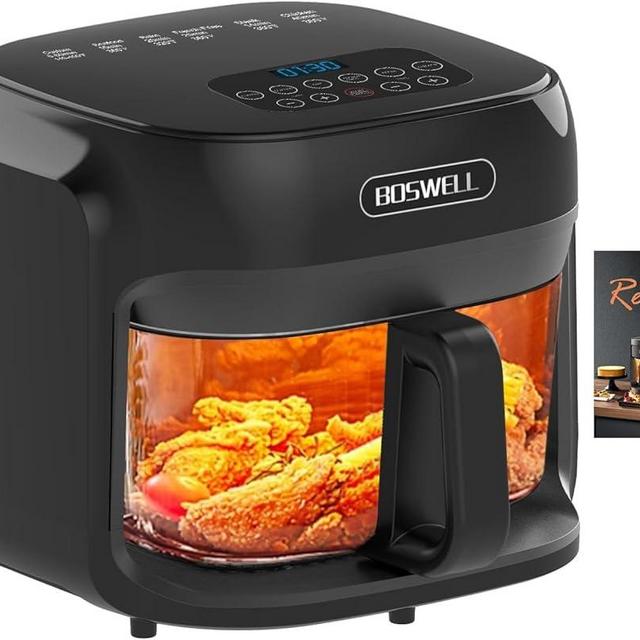 BOSWELL Glass Air Fryer, 7.5QT with Transparent Fry Bowl, Circulating Heating, Temperature Control, Air Fryer Roast, Dishwasher Safe
