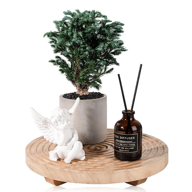 Round Decorative Tray Farmhouse Bathroom Decor Wood Riser Kitchen Countertop Organizer for Perfume, Candle, Plant, 10 inch Burlywood