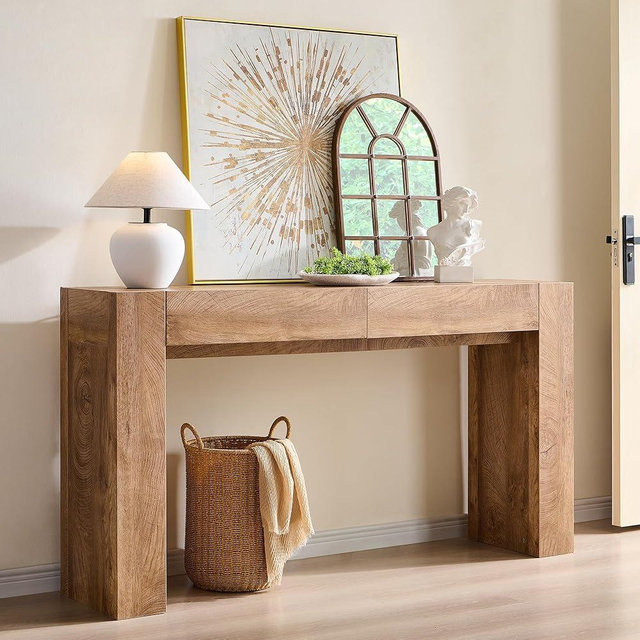 OKD Modern Entryway Console Table, Sofa Table with Drawers, 63" Long Hall Table Behind Couch, Thick Wood Design for Living Room, Hallway - Light Knotty Oak