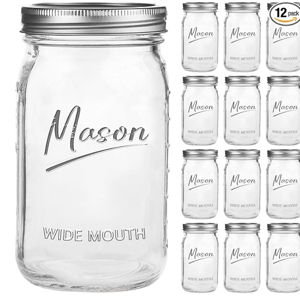 Mason Jars 32 oz,12 Pack Quart Wide Mouth Mason Jar With Airtight Lids,Glass Canning Jars for Fermenting, Pickling,Meal Prep,Overnight Oats & Centerpieces