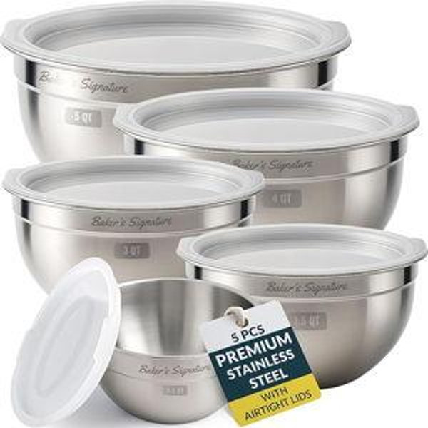 Baker's Signature Stainless Steel Mixing Bowls With Lid, Metal Mixing Bowl Set Of 5, Nesting Set For Food Prep, Baking,Storage, Cooking, Serving | Dishwasher Safe, 0.5/1.5/3/4/5 Qt