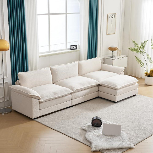 Karl home Sectional Sofa Modern Deep 3-Seat Sofa Couch with Ottoman, Teddy Fleece Sofa Sleeper Comfy Upholstered Furniture for Living Room, Apartment, Studio, Office, Beige