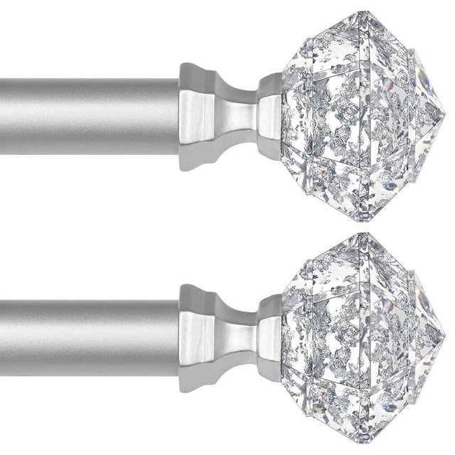 TONIAL 2 Pack Curtain Rods for Windows 48 to 84 Inch, Telescoping Splicing 3/4 Single Rods 32 to 86 Inch Christmas Decorative Drapery Rod with Translucent Diamond Finial, Silver