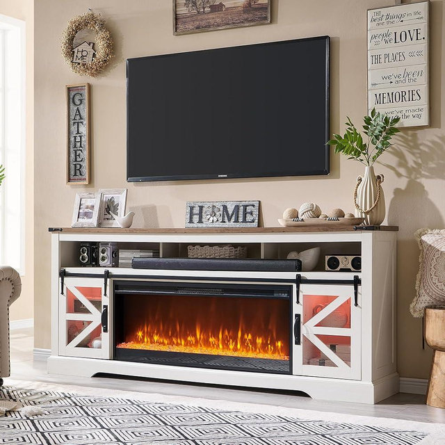 OKD Fireplace TV Stand for 85" TV, 33" Tall Highboy Farmhouse Entertainment Center w/ 42'' Electric Fireplace & LED Light, Rustic Media Console w/Sliding Barn Door for Living Room, Antique White
