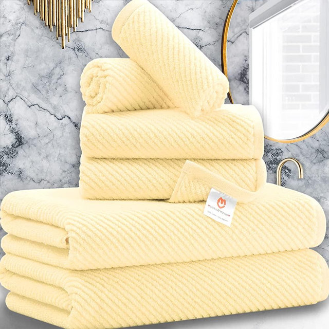 Soft Yellow Bath Towel Set with Gift Box, Cotton Quick-Dry Bath Towels for Bathroom White, 100% Cotton Bath Towel Sets Includes 6 Pieces - 2 Bath Towels, 2 Hand Towels, 2 Washcloths (Lemon Glow)
