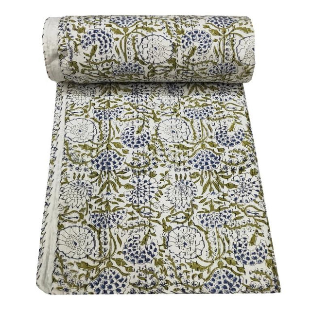 MAVISS HOMES Indian Block Print Quilt Kantha Quilt Queen Size Throw Blanket Bedspread Pure Cotton (90 X 108 Inch, Turquoise)