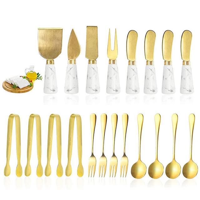 20 PCs Gold Cheese Spreader Knives Set, Butter Knife Spreaders for Cheese Board Accessories, Mini Cheese Knife Slicer with Serving Tongs Spoons and Fruit Forks Charcuterie Utensils - Gold