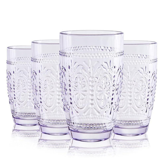 CREATIVELAND Colored Vintage Drinking Glasses Set of 4, 15.5 oz Romantic Embossed Water Glasses, Colored Tumblers Tempered Glass for Juice, Beverages, Beer, Cocktail (Purple)