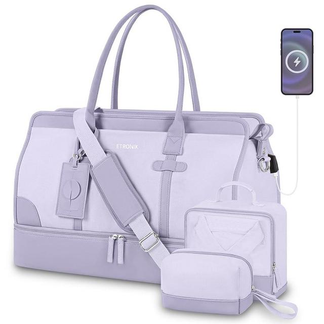 ETRONIK Weekender Bag for Women, Large Canvas Travel Bag with Bottom Shoe Compartment & Wet Pocket, Overnight Bag Sports Gym Duffel Bag with Toiletry Bag for Women & Men 4 Pcs Set, Purple