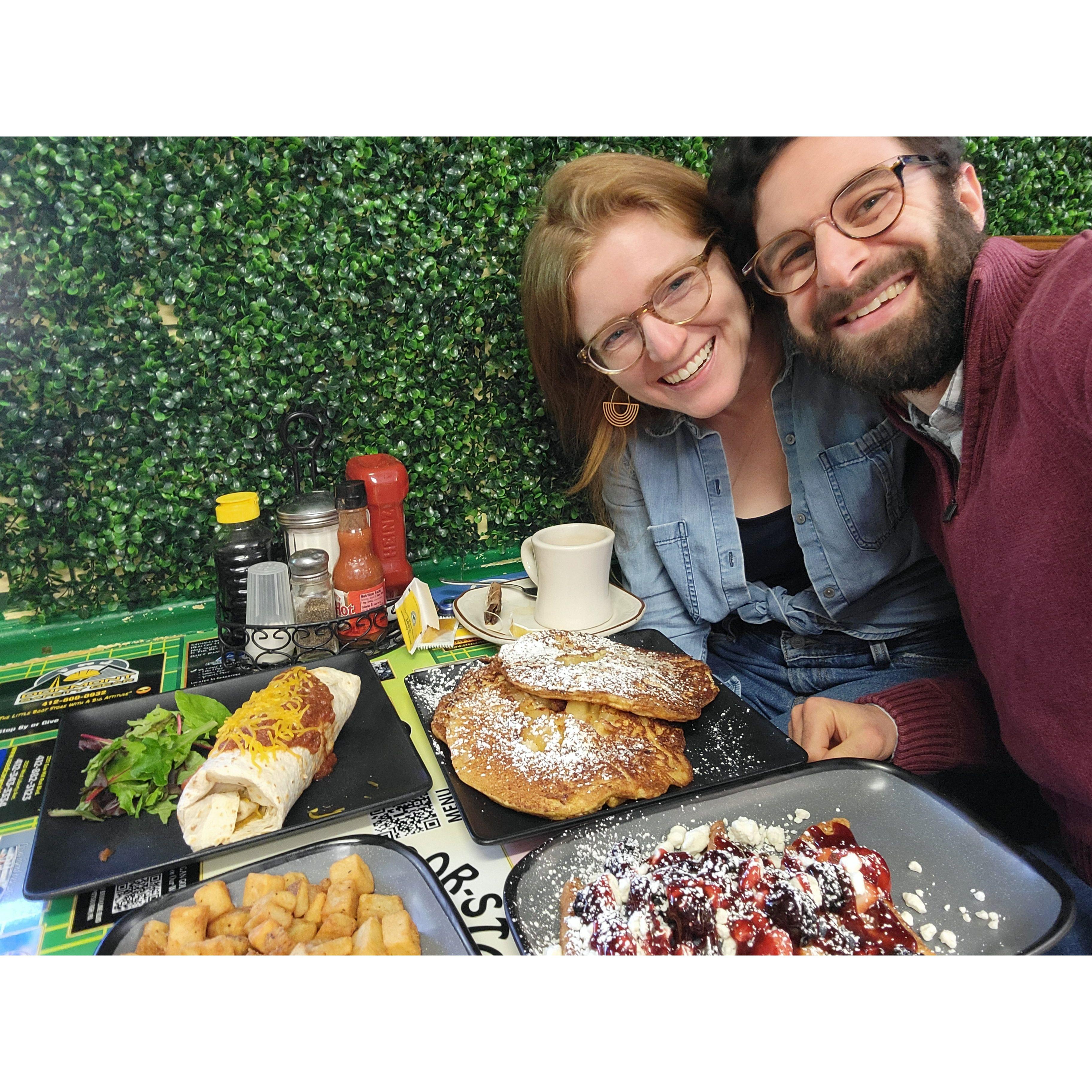 First Brunch together. Ordering half the menu at the Dor-Stop.