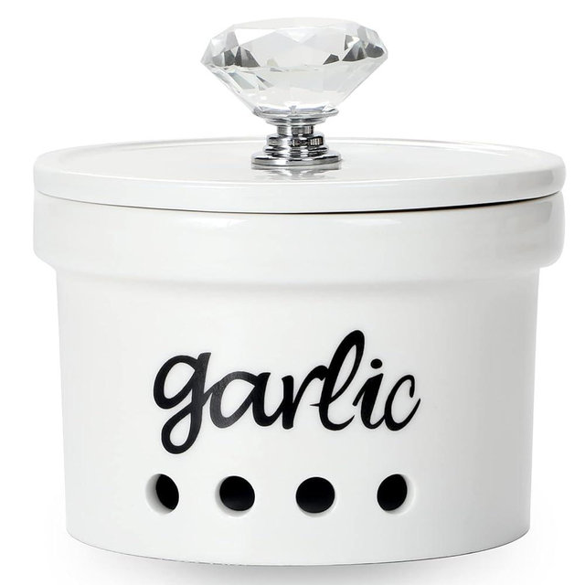 HAOTOP Garlic Keeper with Crystal Lid, 12.5 oz Ceramic Garlic Saver Container for Countertop, Farmhouse Kitchen Decor (Silver)