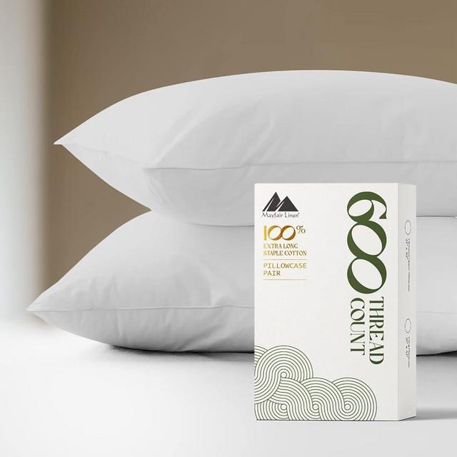 Mayfair Linen Queen/Standard Size Pillow Cases Set of 2- Pure Cotton Pillowcases, 600 Thread Count Egyptian Cotton Quality, Soft, Breathable, Cool, Sateen Weave, White Pillow Case Cover