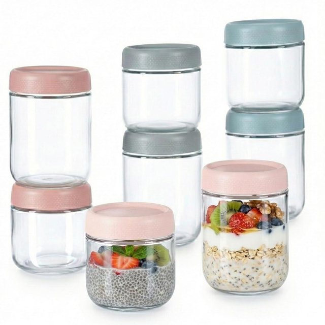 8 Pack Overnight Oats Containers with Lids, Stackable Glass Mason Jars with Airtight Lids, Wide Mouth Food Storage, Salad Meal Prep, Oatmeal Container to Go, Chia Seed Pudding Jars, 16oz 10 oz