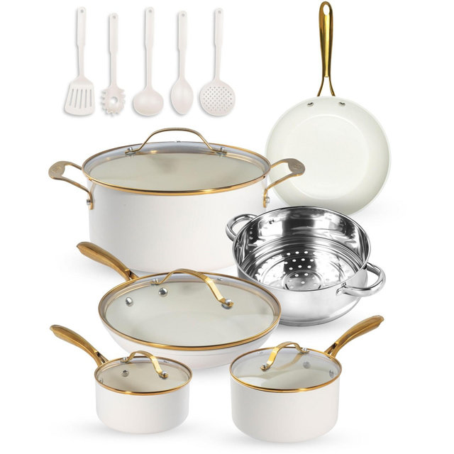 Gotham Steel Cream 15 Piece Ultra Nonstick Ceramic Cookware Set with Utensils with Gold Handles
