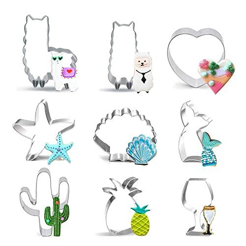 9PCS Cookie Cutters - Llama Cactus Mermaid Pineapple Starfish Seashell Stainless Steel Cutters Molds, Cookie Cutter Set for Making Muffins, Cakes, Biscuits, Fondant, Pancake,Sandwiches