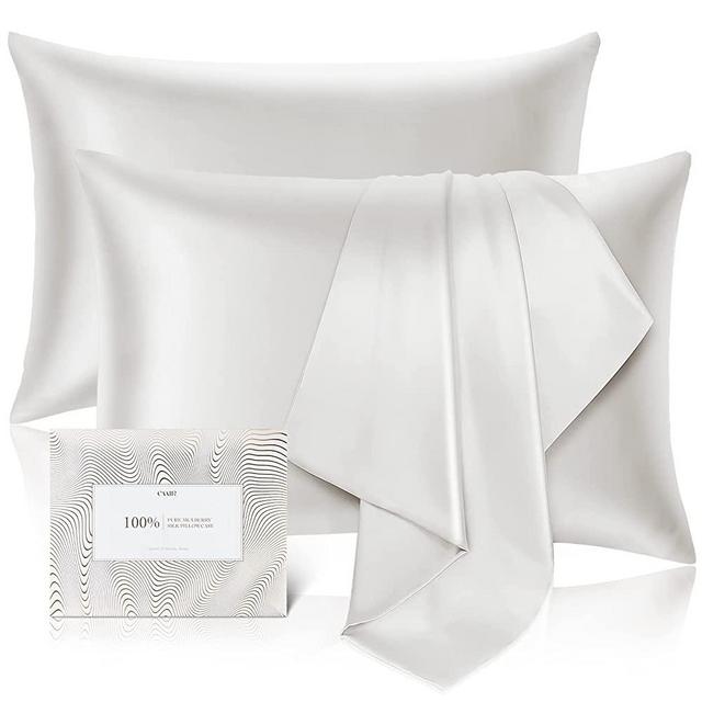100% Mulberry Silk Pillowcase for Hair and Skin Set of 2,Allergen Resistant Dual Sides,600 Thread Count Silk Bed Pillow Cases with Hidden Zipper,2pcs,(Standard Size,White)