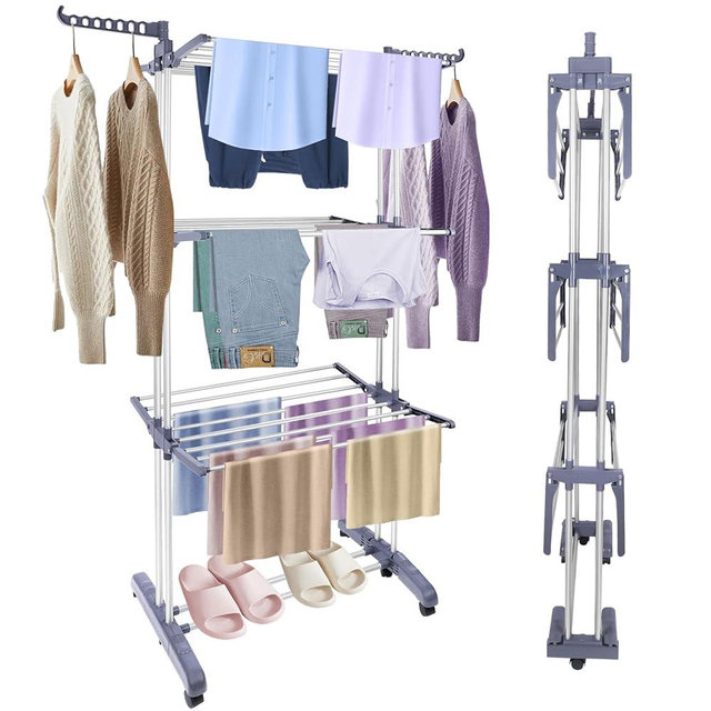 Pheluoca Clothes Drying Rack Foldable Drying Rack Clothing,Oversize 4 Tier(70" High) Clothes Horses Stainless Steel Laundry Drying Rack with Collapse Base& 24 Poles for Clothing&Bed Linen,Gray
