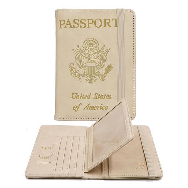 Melsbrinna Rfid Passport Holder，Cute Passport Cover for Women/Men Travel Wallet,Travel Passport Wallet RFID Blocking Passport Cover Travel Documents Organizer with Pen Holder (Beige)