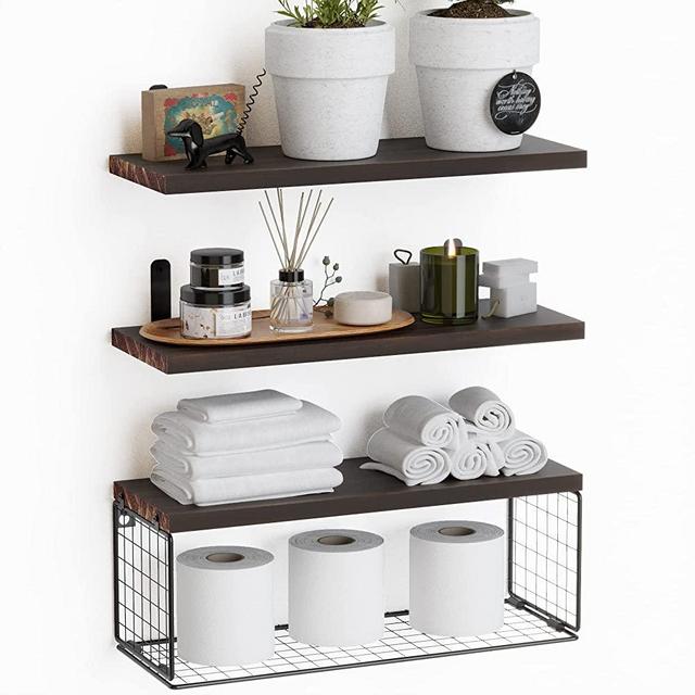 WOPITUES Floating Shelves Wall Mounted, Rustic Wood Bathroom Shelves Over Toilet with Paper Storage Basket, Farmhouse Floating Shelf for Wall Decor, Bedroom, Living Room, Kitchen–Carbonized Black