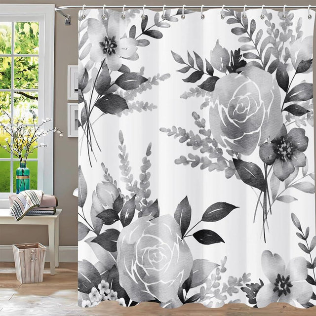 YiarTaan Shower Curtain,Gray Floral Shower Curtains for Bathroom,Watercolor Ink Flowers Plant Leaf Shower Curtain Sets,Waterproof Fabric Cloth Grey Shower Curtains Set 72x72in with Hooks