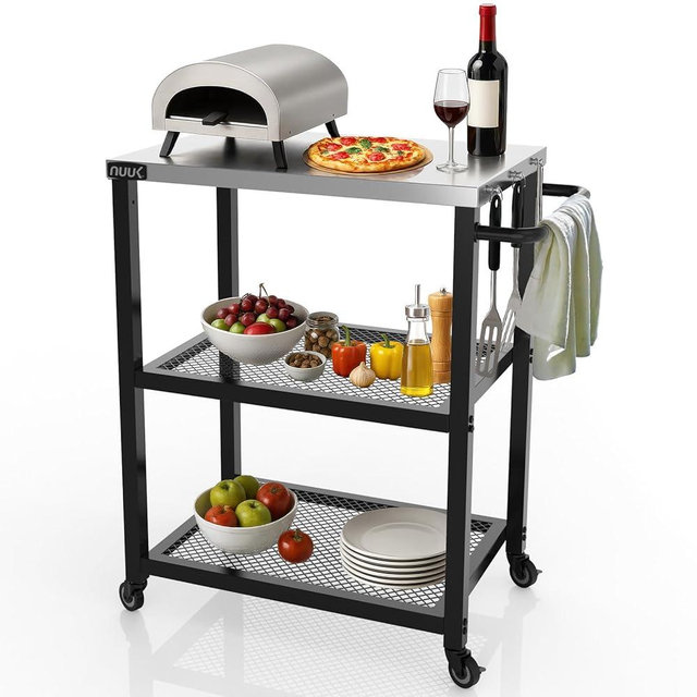 NUUK 3-Shelf Grill Cart 16" x 24" Outdoor BBQ Table with Stainless Steel Top Rolling Pizza Oven Carts for Outside Dining Tables