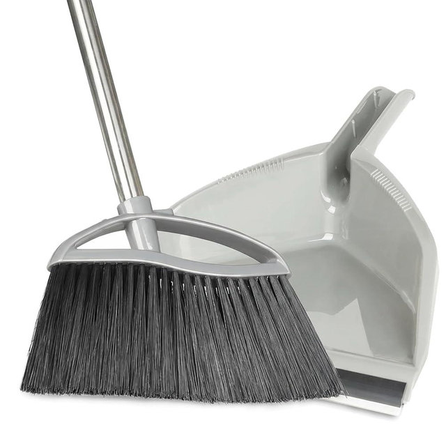 Chanhoo Soft Bristle Broom and Dustpan Combo Set, Long Handle Indoor Broom with Dustpan Set for Kitchen Hardwood Room Office and All Household Floor Cleaning (Gray)