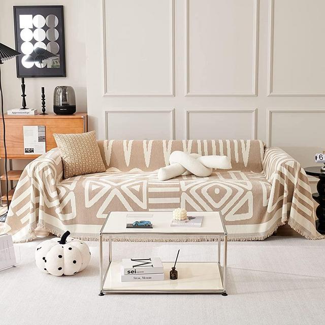 VClife Boho Couch Cover Soft Beige Tan Cream White Sofa Couch Cover for Dog Cat, Soft Chenille Slipcover Triangle Plaid Pattern Sectional Couch Cover for 3 Cushion Couch Sofa Furniture Protector Cover
