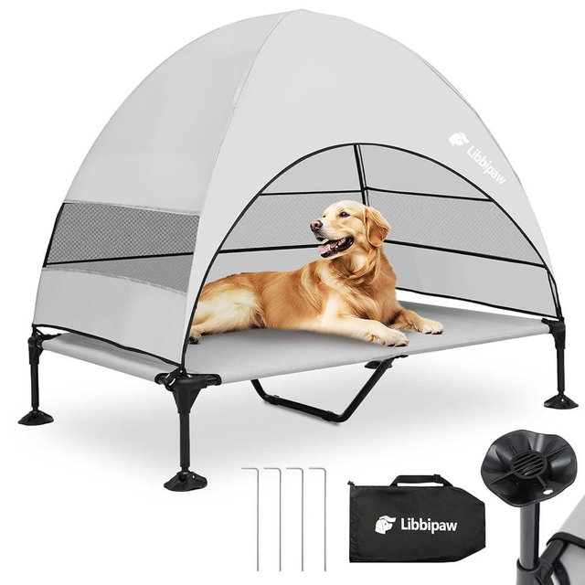 Libbipaw Windproof Elevated Dog Bed with Canopy & Stakes, 3-Sided 90% UV Block, Chew-Proof Teslin Mesh Mat for Large Dogs up to 150lbs(Grey X-Large)