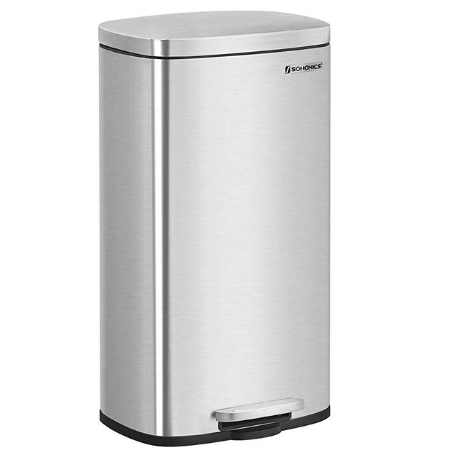SONGMICS 7.9 Gal Kitchen Trash Can, Stainless Steel Garbage Bin, with Hinged Lid, Plastic Inner Bucket, Soft Closure, Hygienic, Silver