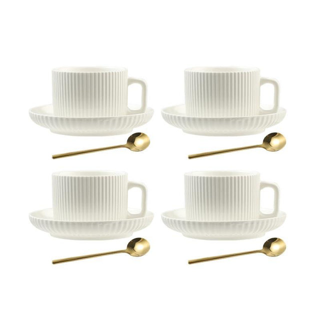 AYUCIA 8 Ounce Cappuccino Cups Set of 4, Latte Mugs with Saucers and Spoons, White Cream Ceramic Coffee Mugs Tea Cups for Cappuccino Latte Mocha Au Lait Macchiato Cafe