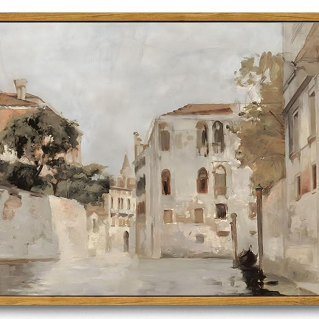 KISSFOX Framed Vintage Canvas Wall Art Retro Neutral Italy Cityscape Painting Prints Venice Picture Farmhouse Decor Kitchen Bathroom Bedroom Living Room