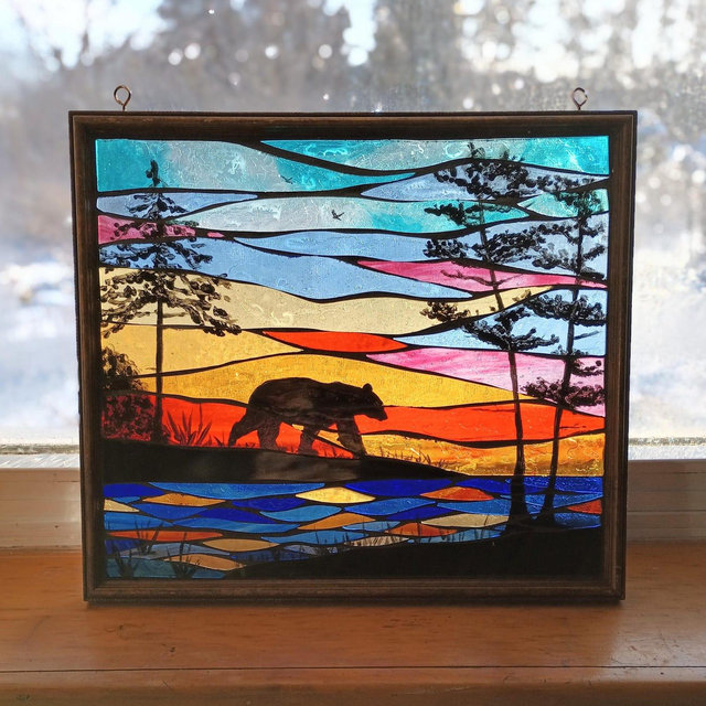 Sunrise Nature Scene with Bear Silhouette, Stained Glass Mosaic Panel for Hanging in Window, Pine Tree Forest with Stream Landscape