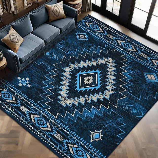 Yinhua Western 8x10 Rugs for Living Room, Moroccan Low-Pile Washable Rug for Bedroom, Aztec Blue Large Area Rug Non-Slip with Rubber Backing, Soft Non-Shedding Carpet for Office Nursery